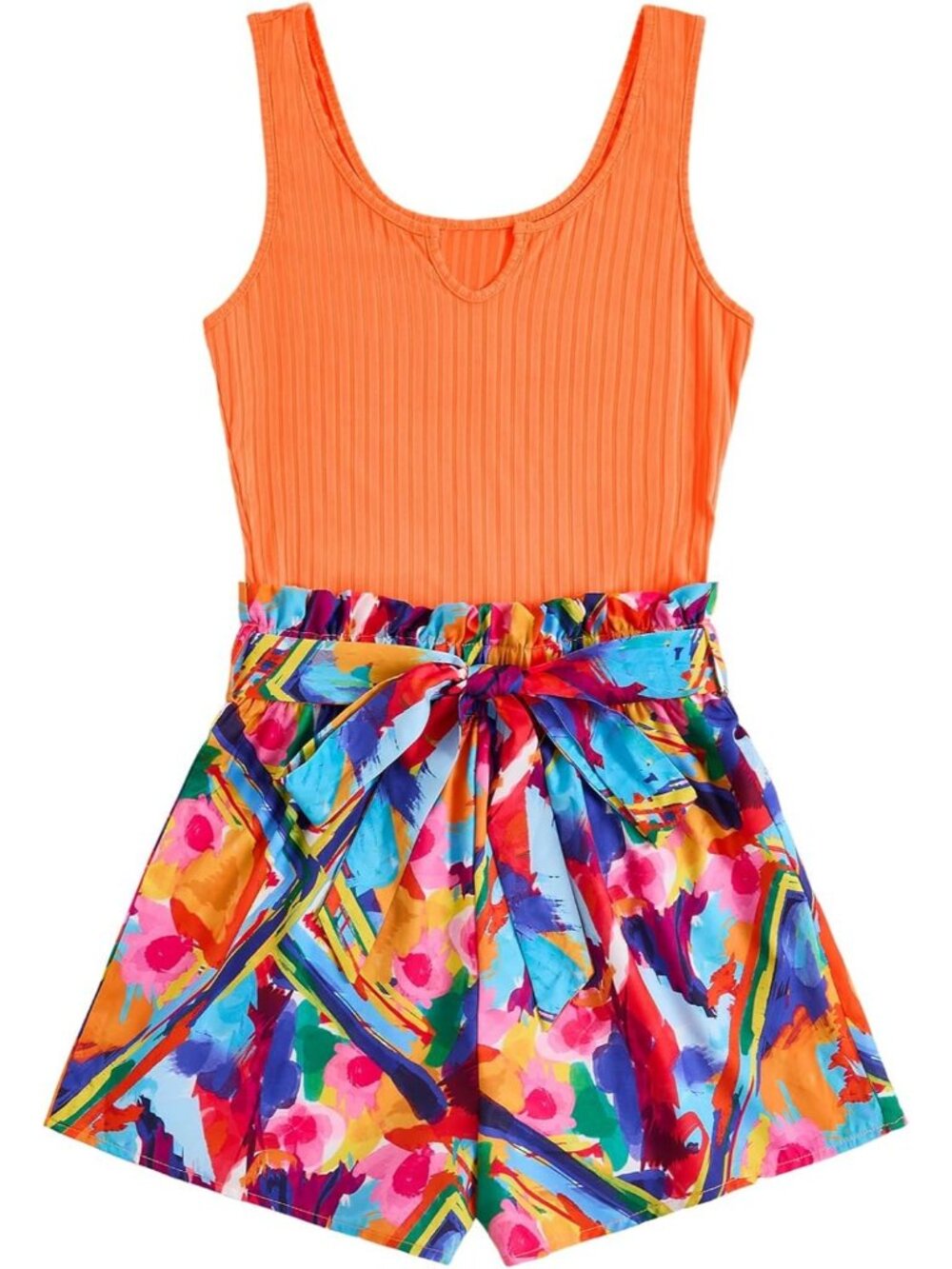 Women's Orange Summer Sleeveless Belted Tank Short Polyester Romper